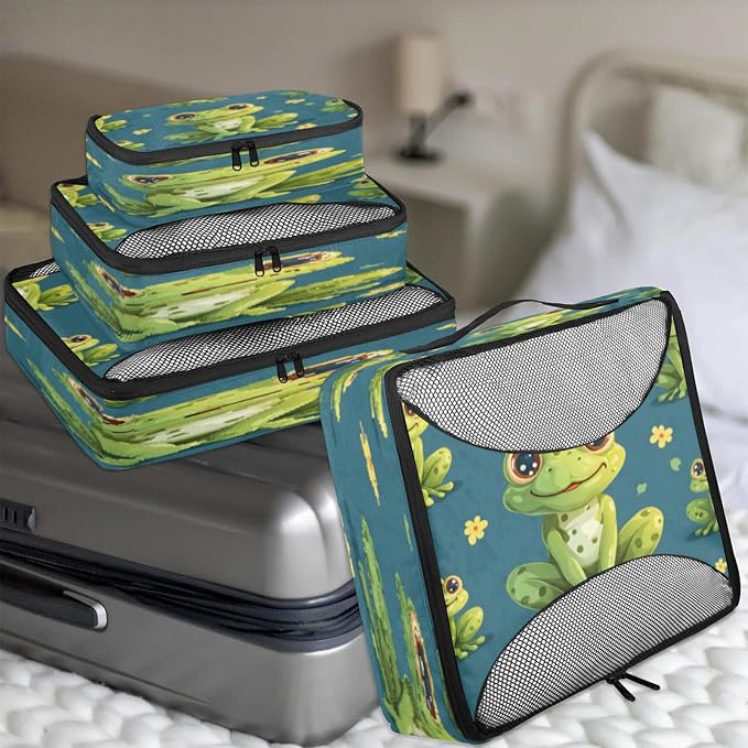 4 Set Packing Cubes for Travel, Frog Cute Animal Packing Cubes for Women, Travel Luggage Packing Organizers, Packing Cube Set, Cute Frogs Flower