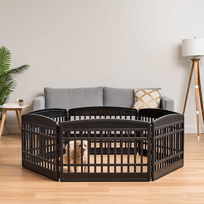 IRIS USA 6-Panel Dog Playpen, Pet Enclosure, Black | Pet Containment, Custom Pen Configuration, Multi-Shape Setup, Flexible Boundary, Tool-Free Assembly, Secure Door Latch