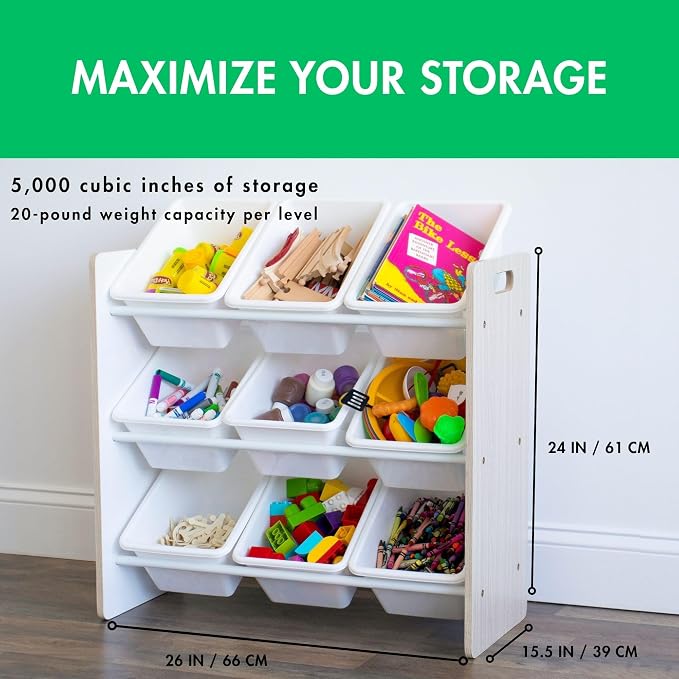 Humble Crew Kids Toy Organizer with 9 Bins, 3 Tier Storage for Playroom | Sturdy wood and steel toddler shelf, removable BPA-free containers, wall anchor anti-tip safety kit for bedroom or classroom