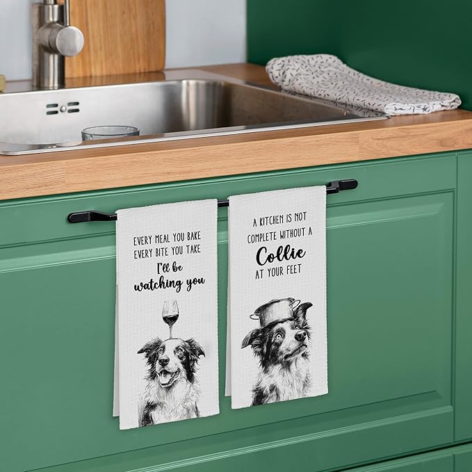 Funny Dog Border Collie Kitchen Towels Set of 2,Cute Dish Towel Gifts for Dog Lovers Christmas,Every Meal You Bake Hand Towels Decor for Bathroom, Rustic Tea Bar Towel for Dining Room 16x24in