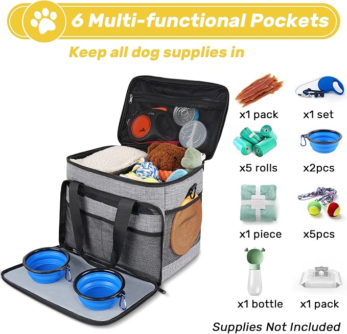 6 Set Dog Travel Bag, Large Pet Travel Kit for Supplies, Grey | Includes 2 Food Containers, 1 Pet Organizer for Dogs, 2 Collapsible Bowls, 1 Treat Pouch, Dog Weekend Overnight Bag Luggage