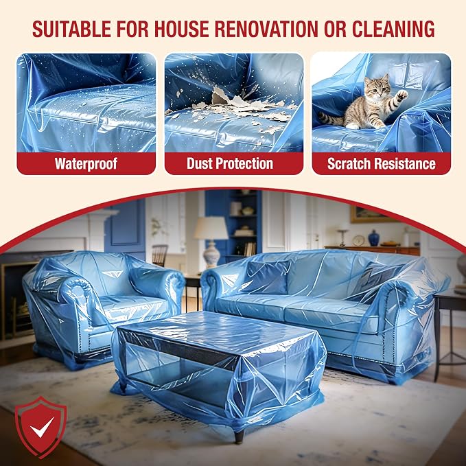 Extra Large Couch Loveseat Moving Cover for Storage Transportation | Sofa Couch Clear Plastic Moving Cover with Labels, Waterproof and Dust Proof, Bag Open Size 68x 62 x 42 Inch, Blue