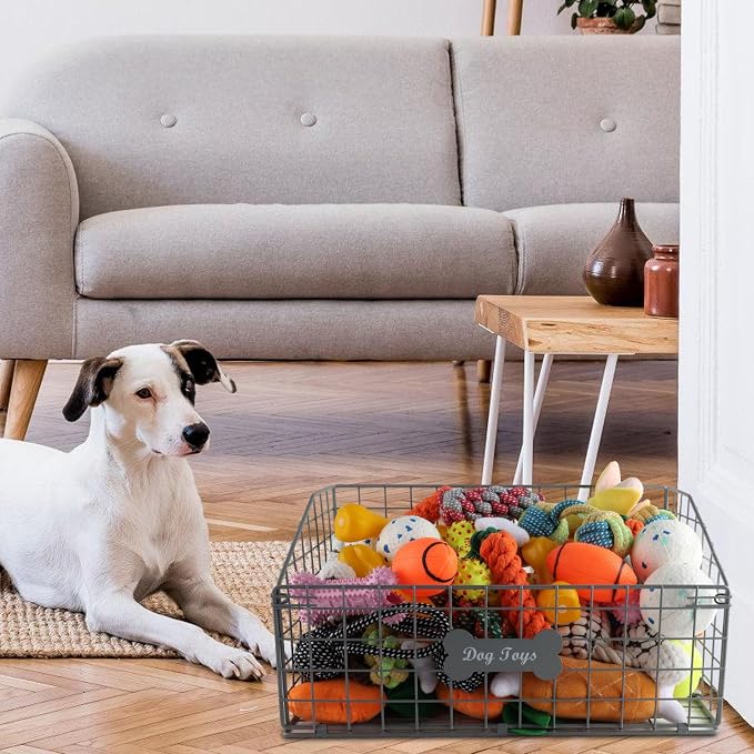 Geyecete Toy box for dogs large Dog Toy organizer Pet wire folding basket DOG TOY container dog toy box-Chew-Proof Dog Food Toy Storage-Gray