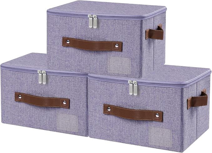 ANMINY Small Storage Box Fabric Bins with Zipper Lid, 10"x8"x7" Purple 3PCS | Keepsake Box, Decorative, Cotton Linen, Reinforced PP Board Frame, Washable, Stackable & Foldable, Label Holder & PU Handles