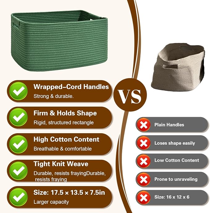 3 Pack Large Storage Basket for Organizing, 17.5"x13"x7" Woven Basket for Shelves, Closet Cube Storage Bins with Wrapped Handle, Cotton Rope Baskets for Kitchen, Clothes, Toys(Green)