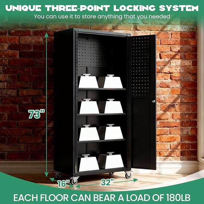 Rolling Tool Cabinet with Pegboard, 71" Tool Cabinets with 3 Adjustable Shelves for Garage, Tool Room, Assembly Required(Black)