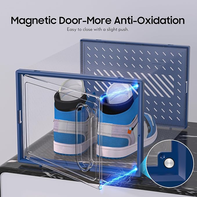 Large Shoe Organizer Storage Box with Magnetic Door,12 Pack Clear Plastic Stackable Sneaker Containers for Closet, Connect Left and Right Shoe Box for Entryway, Drop Front, Under Bed (Blue)