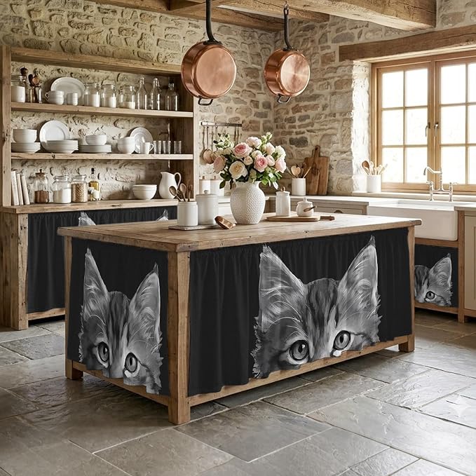 Black Cat Small Sink Skirt 10"Wx11"L, Dustproof Under Sink Curtain with Self Adhesive Tape, Cute Pets Eyes Fur Vintage Oil Painting Cabinet Curtain Cover for Bathroom Vanity, Kitchen Storage Shelf, RV