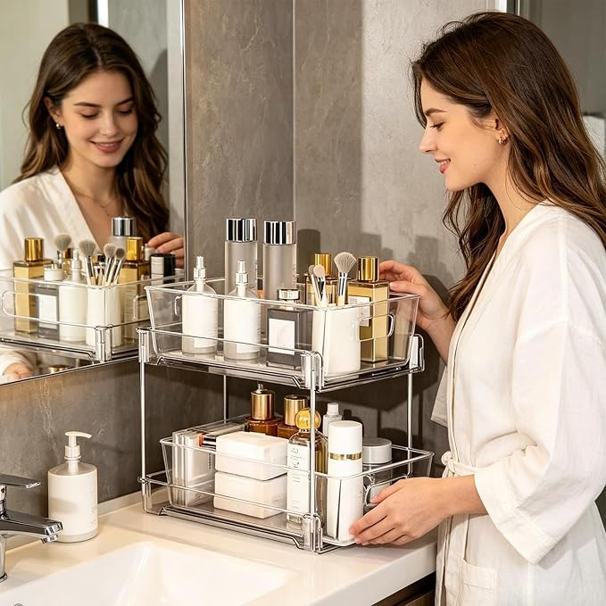 Under Sink Storage 2-Tier Pull Out Kitchen Storage Drawers | Vanity Organizer for Laundry Room Pantry Vanity Office Home Apartment Cleansing Supplies Cosmetics Toiletries