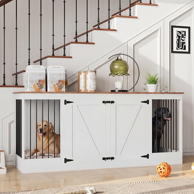 70.8" Large Dog Crate Furniture for 2 Dogs, Farmhouse Dog Crate TV Stand with Removable Divider, Heavy Duty Wooden Dog Kennel with Reinforced Steel Bars & 2 Lockable Doors