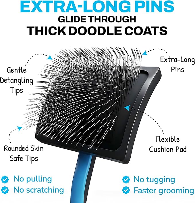 Slicker Brush for Dogs Detangler, Poodle Pin Dematting Dog Hair Brushes, Extra Long Pin Slicker for Goldendoodle, Cockapoo, Cavapoo, Tangle-Free Grooming Shiny Coat Pet Brushes