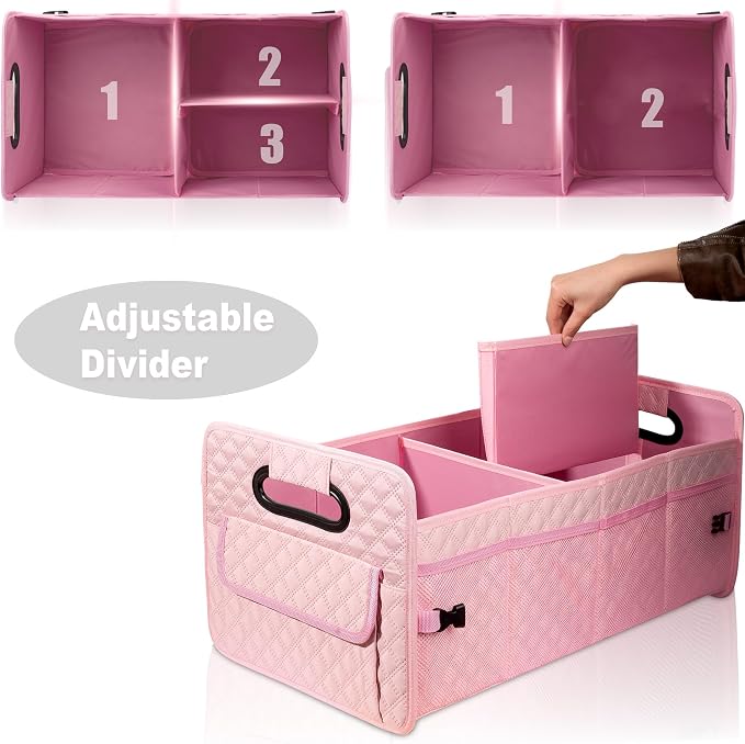Car Trunk Organizer for SUV, Collapsible Car Storage Organizer Large Pink | Sturdy, Strong Capacity, Diamond Decor, Multi Compartment Container Box Adjustable Car Accessories for Sedan Truck