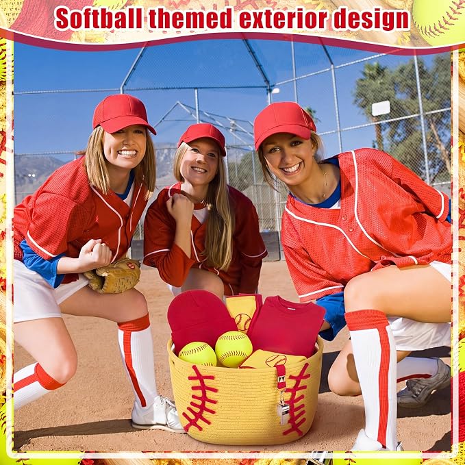 RattanView Softball Cotton Rope Basket, Brown Woven Storage with White Stitch Pattern, 15 x 9 x 10 in, Empty Softball Gift Organizer for Books, Room and Sports Decor