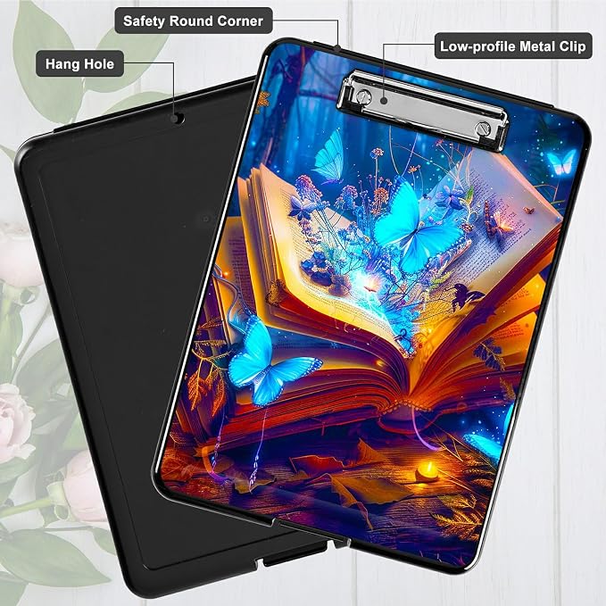 Book Blue Butterfly A4 Clipboard with Storage Pen Holder, Clipboards Organizer Nursing Clipboard Foldable File Folder Plastic Clipboard Folio Clip Board for Office Students Classroom Doctor