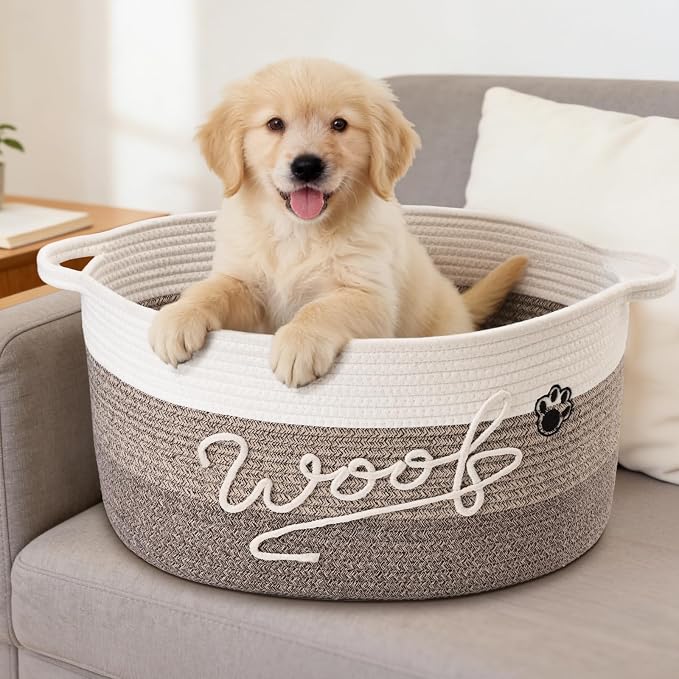 Woof Dog Toy Basket with Handles, Large Dog Toy Storage Bin with Paw Print, Woven Dog Basket for Blankets, Toys, Chews, Pet Toy Box for Nursery, Living Room, Bedroom, 20”x14”x9, Brown