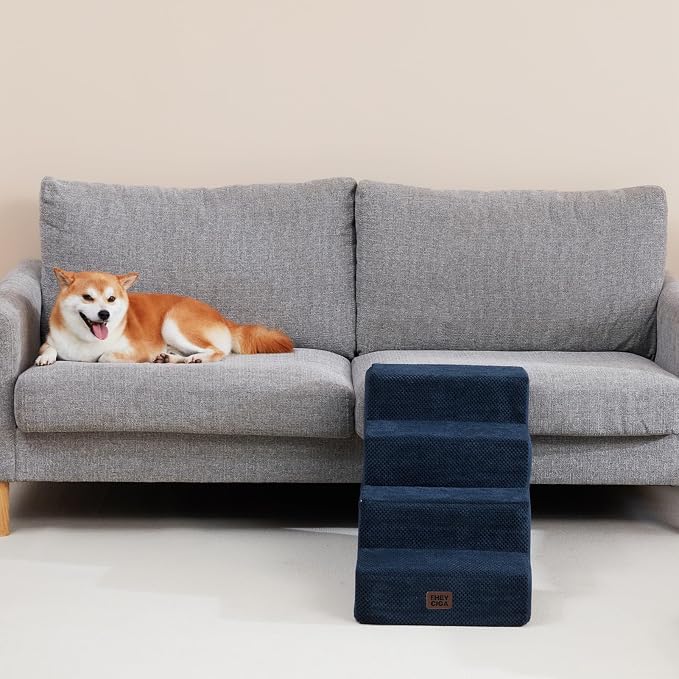 EHEYCIGA Dog Stairs for Bed 18" H, 4-Step Dog Steps for High Bed, Navy | Pet Steps for Small Dogs and Cats, Non-Slip Balanced Pet Ramp Indoor