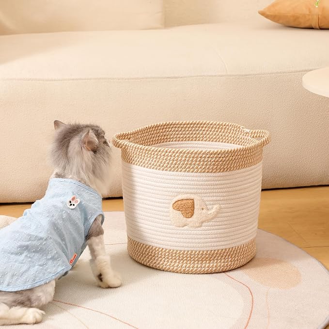 Toy Storage Baskets Woven Cotton Rope Storage Basket for Kids, Blanket Baskets for Living Room Toy Basket Box Toys Organizer with Embroidery Decor Cute Baskets for Nursery, Playroom (Elephant)