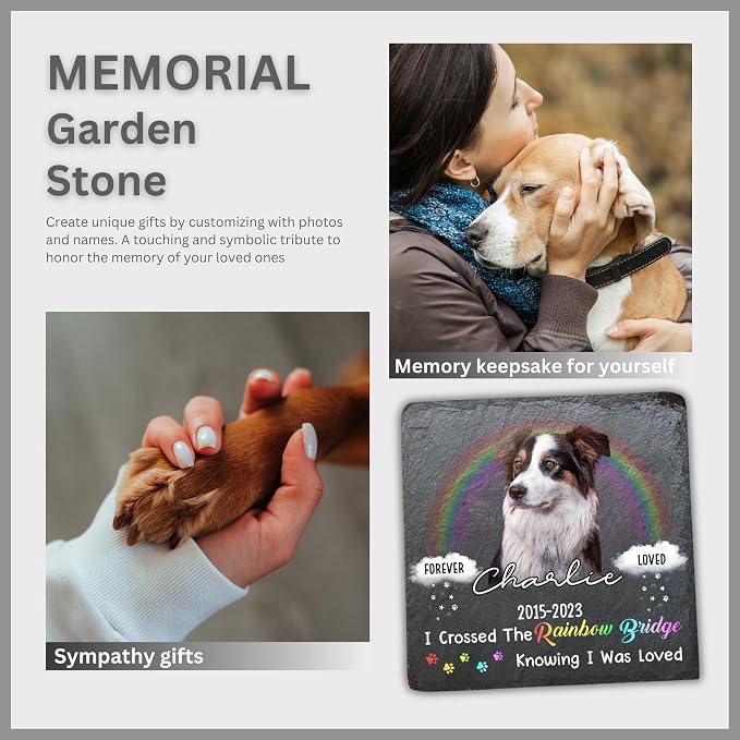 Wrappiness Pet Memorial Stone - I Crossed The Rainbow Bridge, Personalized Dog Memorial Gifts, Remembrance Condolences Bereavement Gifts for Loss of Pet Custom Photo (Square 04, Stone)