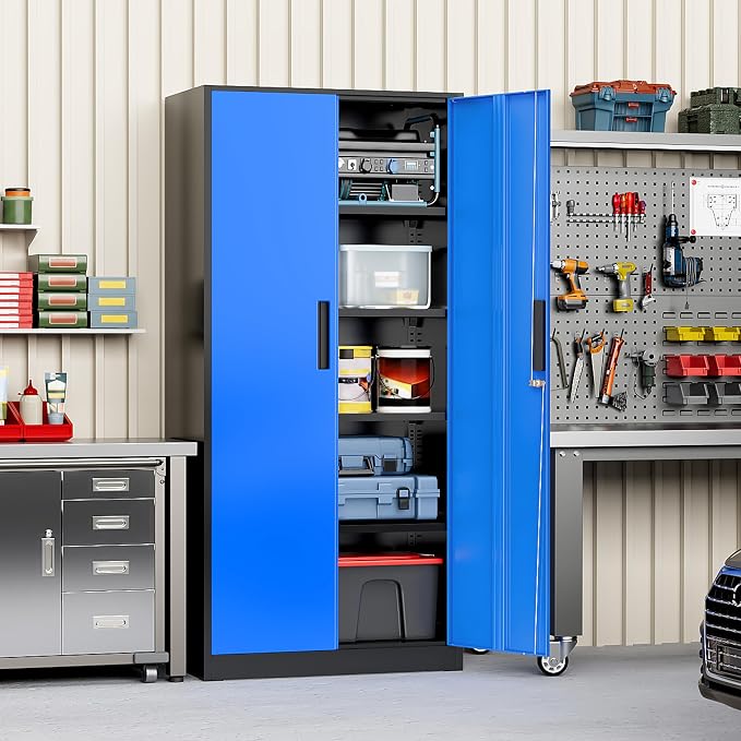 Greenvelly Metal Storage Cabinet with Doors and Shelves, 72" Inch Locking Metal Cabinet,Garage Storage Cabinet for Garage Office School Warehouse (Black Blue)