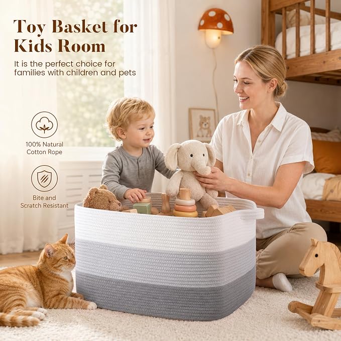 65L Large Woven Blanket Basket for Living Room, 19.7"x15.7"x11.8" | Nursery Laundry Hamper with Handle for Organizing Blankets, Pillows, Toy Storage With Handle, Large Baskets for Organizing