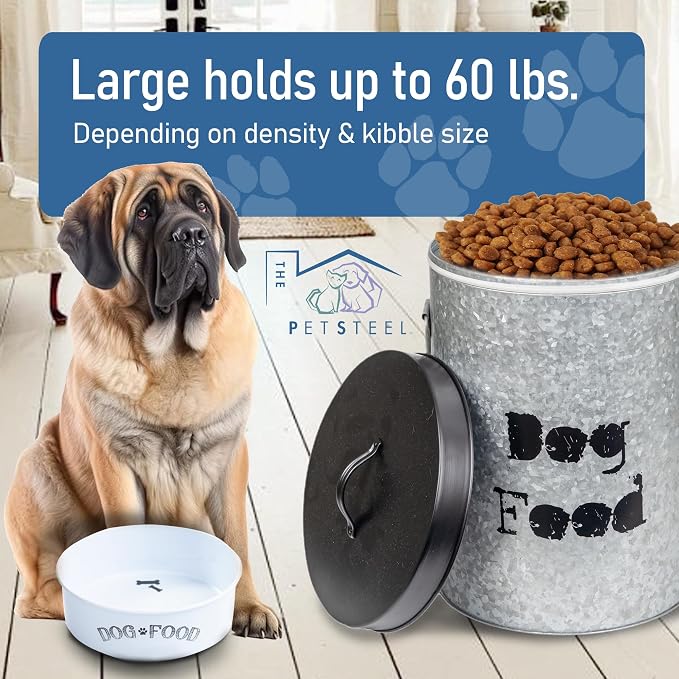 Large Dog 60lb Pet Food Storage Canister or Dog Bin with Scoop – Durable & Airtight for Freshnesss, Minimalist Design & Recyclable, Huge Large Metal Container