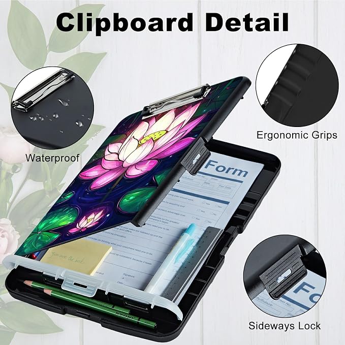 Pink Lotus Flower A4 Clipboard with Storage Pen Holder, Clipboards Organizer Nursing Clipboard Foldable File Folder Plastic Clipboard Folio Clip Board for Office Students Classroom Doctor