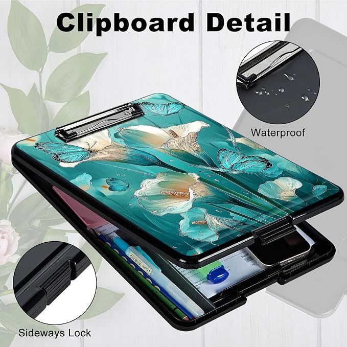 Heavy Duty Storage Clipboard, Slim Nursing Clipboard with Internal Pen Case, Portable File Organizer Case for A4 Letter Size Paper Office Medical Professionals, Blue Lily