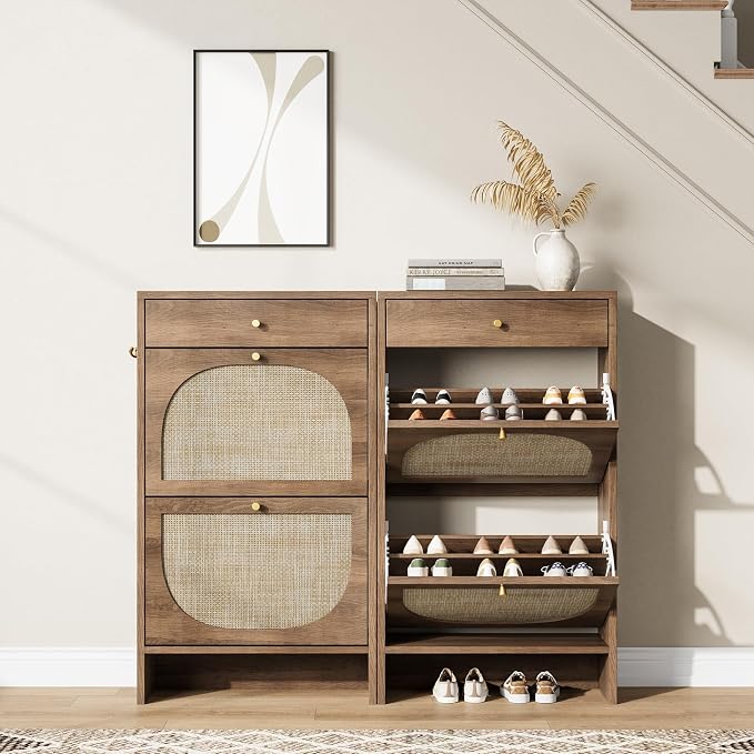 Shoe Cabinet for Entryway, Slim Shoe Rack with 2 Flip Drawers and Top Storage Drawer, Narrow Shoe Organizer with Printed Rattan-Look Design, Entryway Shoe Storage for Size 12+ Shoes, Caramel