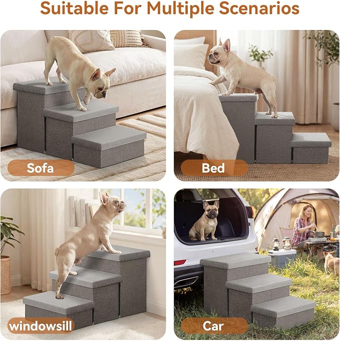 Zerbuger Dog Stairs with Storage, Grey Stripes Lids 3 Steps Ramp no Condo | 18" H Wider Dog Steps for High Beds Couch, Folding Storage Pet Stairs Gift for Climbing Small/Medium/Large Old Dogs Cats
