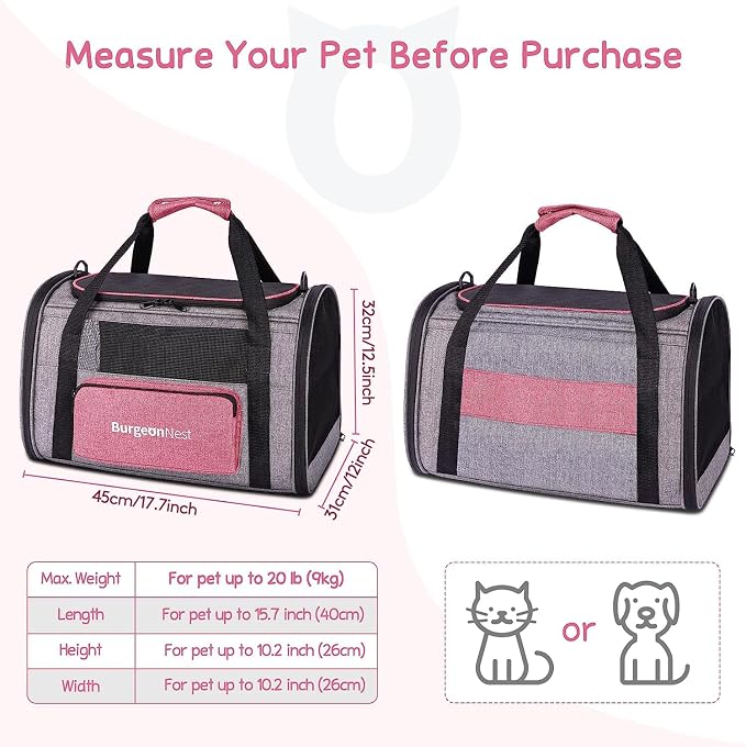 BurgeonNest Soft Cat Carrier for Cats up to 20 Lbs, Top Load Pet Carry Bag | Collapsible Small Pet Carrier Soft-Sided Escape Proof with Unique Side Bag, Breathable Mesh for Car Travel, Medium Pink
