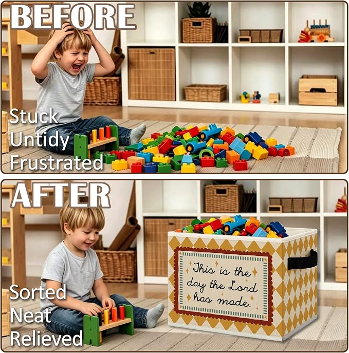 Christian Nursery Cube Storage Bins with Handles, Bible Verse Motivational Collapsible Fabric Storage Basket Boxes Books Clothes Organizer for Kids Boys Girls Room Bedroom Bathroom