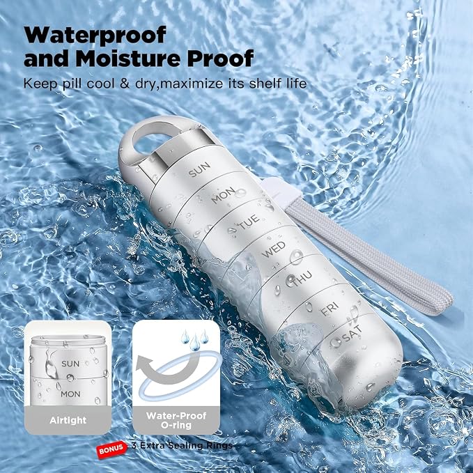 Zannaki Metal Travel Pill Organizer, Portable Waterproof Weekly Pill Box, Large Aluminum Alloy Pill Case Container, BPA Free 7 Day Daily Medicine Organizer Holder for Vitamin, Fish Oil, Supplement