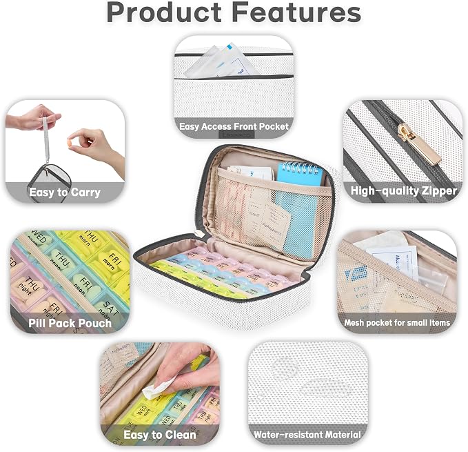Lexeeco Travel Pill Case for Purse with Weekly Pill Organizer 2 Times a Day | Cute Am Pm Pill Box 7 Day ,Travel Medicine Organizer Pill Container Holder for Vitamins,Fish Oils,Medication,Medical Supplies