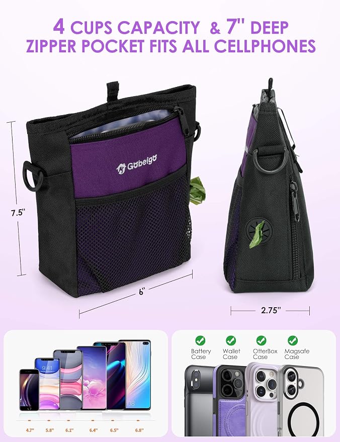 4 Cup Dog Treat Pouch with Silicone Insert Bag& Clicker(Purple) | 2 Pair Magnetic Closures, Belt Clip/Waist Belt/Crossbody Wear, Zipper Pocket Poop Bag Holder for Pet Training/Daily Walking