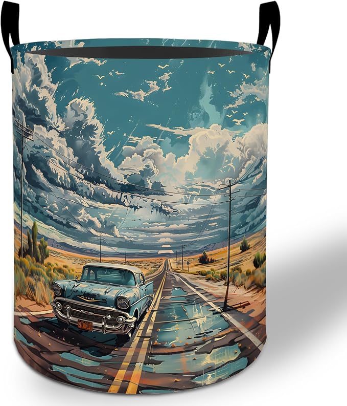 Vintage Car Laundry Basket Hamper 19.7"x15.8", Classic Auto Foldable Waterproof Oxford Clothes Storage Bucket for Room Bathroom Bedroom Nursery Decor, Toy Organizer Bins Gifts for Kids Boys Girls