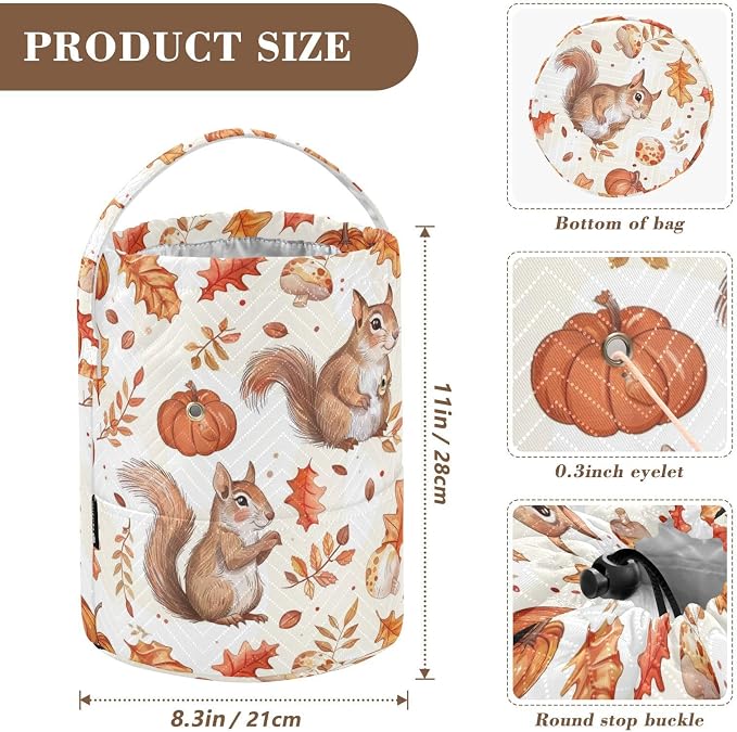 Fustylead Cute Squirrel Maple Pumpkin and Mushroom Yarn Knitting Crochet Drawstring Bag with Customized Front Compartment, Portable Large Storage Basket for Crocheting Project, Kit, Yarn Ball, Needle