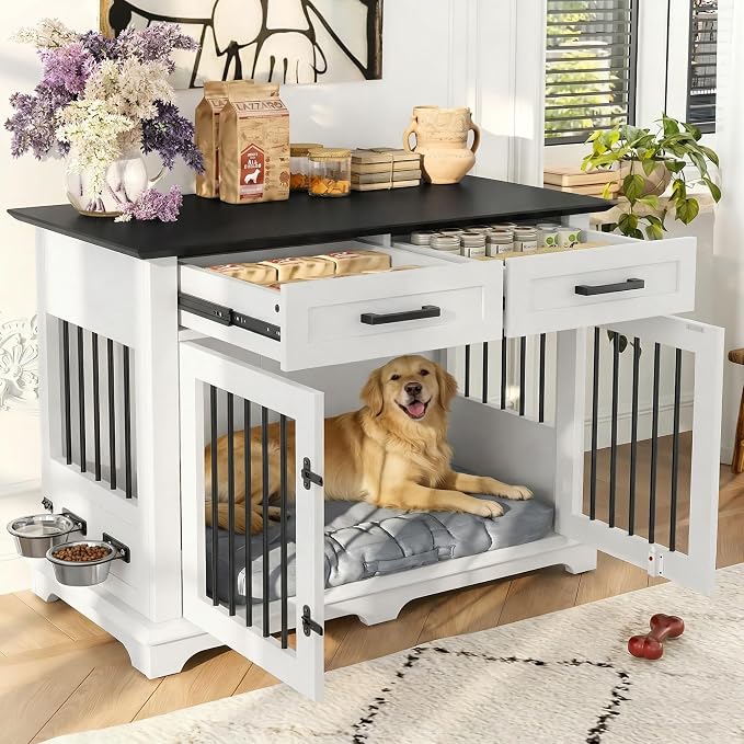 44.48" Large Dog Crate, 3-in-1 Wooden Dogs Crate End Table TV Stand Furniture with 2 Storage Drawers and Rotating Bowls, Decorative Pet House Dog Crates for Small/Medium Dogs, White+Black