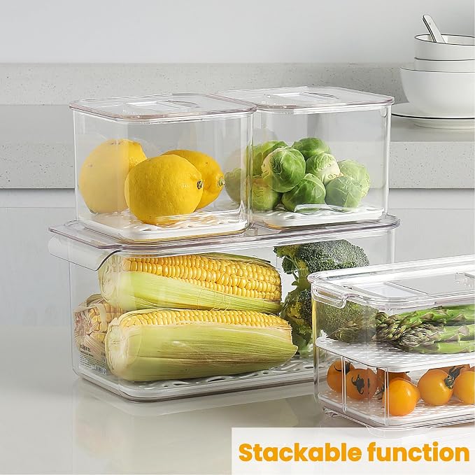 vacane Fresh Produce Saver for Refrigerator, 3 Pcs Food Fruit Lettuce Keeper Containers, Salad Vegetable Storage Organizers Stackable, BPA-free Stay Fridge Storage Containers