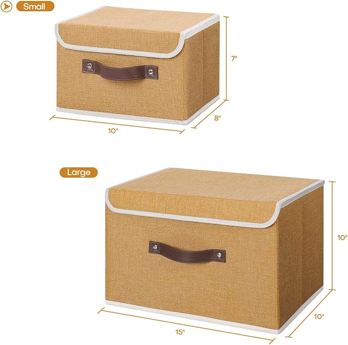 ANMINY Fabric Storage Box Bins with Lids, Khaki, 10"x8"x7", 4 Pack | Keepsake Memory Storage, Cotton Linen, PP Board Reinforced, Washable, PU Handles, Foldable & Stackable, Decorative, Small