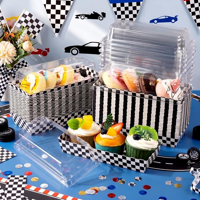 Bokon 50 Pack Black White Checkered Boxes, Small Cookie Boxes with Window, Individual Treat Containers for Sandwich, Cookie, Sushi, Cake Slice, Race Car Party Favors