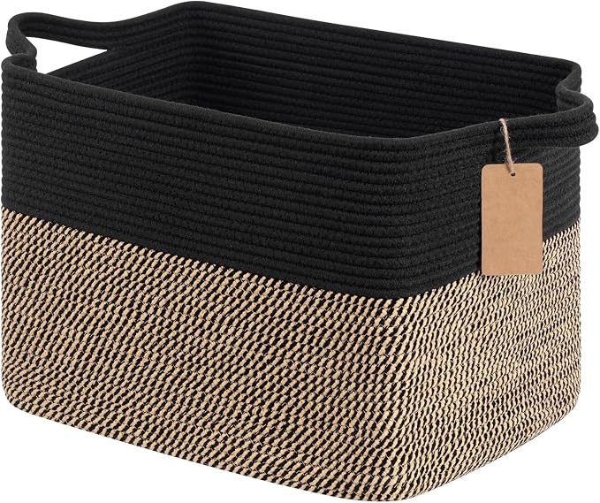 Goodpick 50L Large Woven Storage Basket for Organizing, Black & Jute | 18" × 14" × 12" Stylish Gift Basket for Living Room & Bedroom Organization, Wicker Baskets for Shoes & Toys Storage