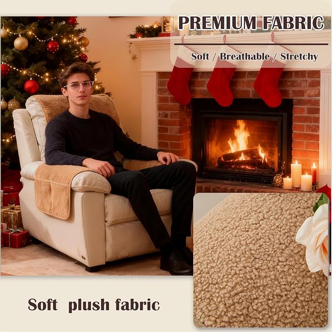 Sherpa Fleece Armrest and Headrest Covers with 2 Pockets | Soft fleece with nonslip silicone backing helps protect leather and fabric furniture from pet scratches machine washable