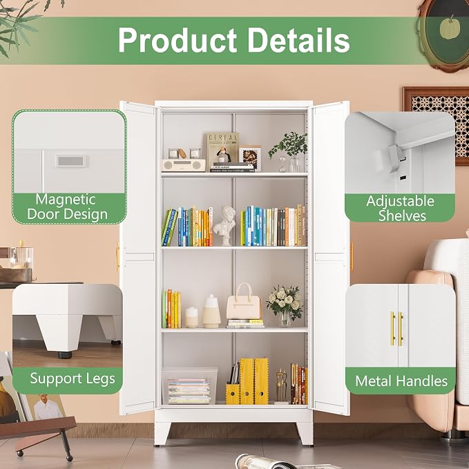Ckzbx Metal Garage Storage Cabinet with Doors and Adjustable Shelves,47.24" H Tool Storage with Wheels for Garage,Office (White)