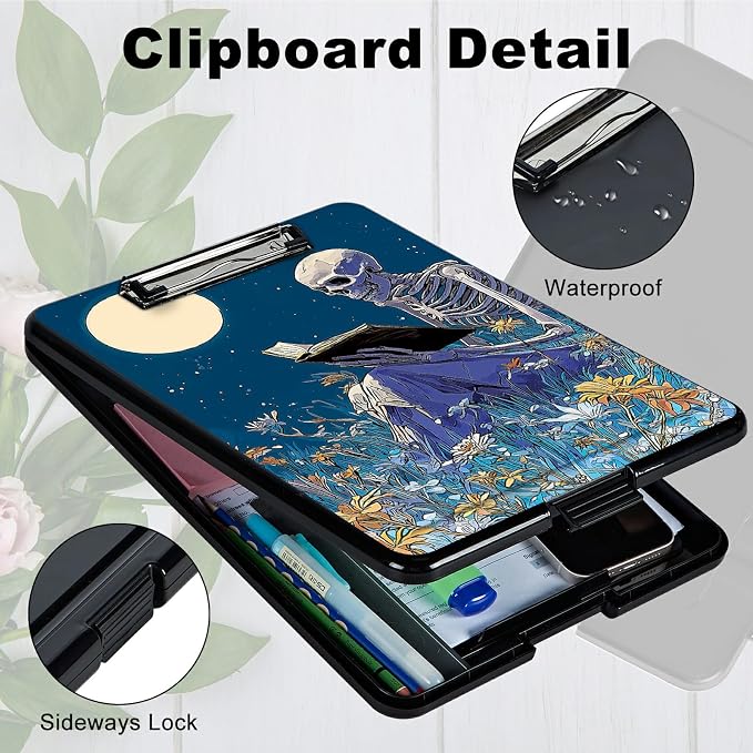 Heavy Duty Storage Clipboard, Slim Nursing Clipboard with Internal Pen Case, Portable File Organizer Case for A4 Letter Size Paper Office Medical Professionals, Book Skull Flower