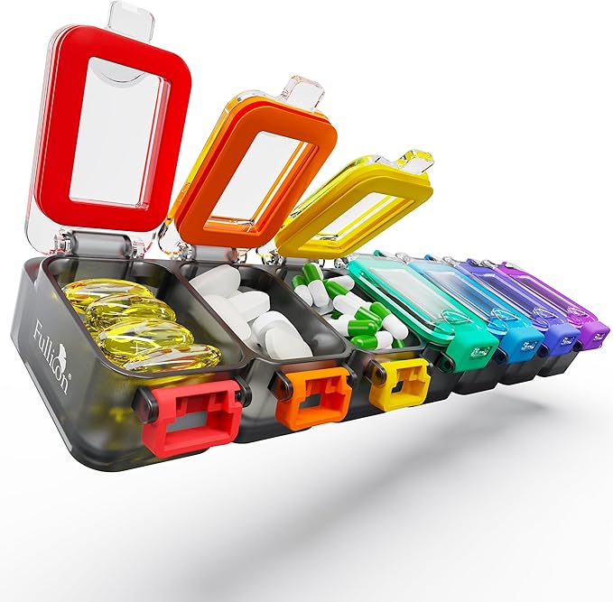 Fullicon Moisture Proof Pill Organizer 7 Day, Pill Box, Rainbow Black | Each Compartment Holds Up to 40 Small or 15 Large Capsules, 10 Tablets, or 9 Fish Oils, Spill Proof, Color Coded, BPA Free