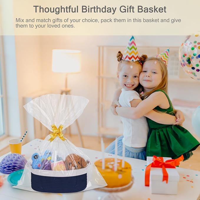 Small Empty Gift Basket with Bag & Ribbons, White & Navy Blue | 12“x8”x5”, Cotton Rope Woven Basket for Birthdays, Baby Showers, Mother's Day, Christmas; Stores Small Items, Kids & Pet Toys