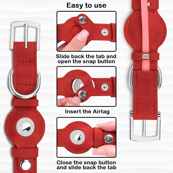 Leather Dog Collar with Airtag Holder - Apple Air Tag Dog Collars - Soft Tracking GPS Pet Collar for Small Medium Large Dogs Breed Puppy (Red, L, 15"-19" Neck Fit)