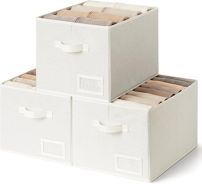 GRANNY SAYS Closet Storage Bins with Label, Pearl White, Large, 3-Pack | Fabric Storage Bins for Shelves, Closet Storage Boxs, Clothing Storage and Organization, Foldable Storage Bins