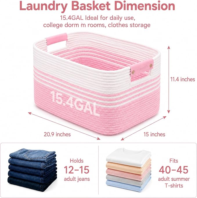 15.4GAL Rope Laundry Basket for Dorm, Cute Boho Square Woven Basket for Living Room Throws Pillow Blanket Storage, Short Dirty Clothes Hamper for Baby Girls Boys Toys Stuffed Animal Towel White Pink