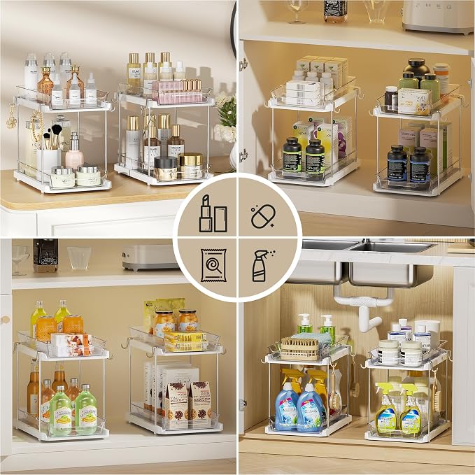 Delamu 2 Tier Under Sink Organizer Bathroom, Bathroom Cabinet Organizer with Snap-Lock Design and Hooks, Pull Out Storage with Movable Dividers, for Countertop, Kitchen and Pantry (White, 4 Pack)